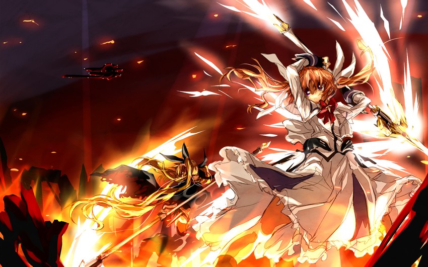 fate testarossa, takamachi nanoha, raising heart, and bardiche (lyrical nanoha and 2 more) drawn by matsuno_canel