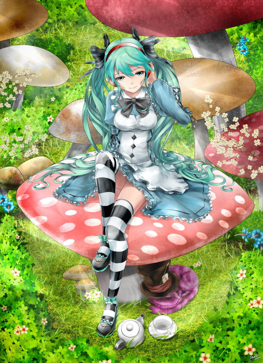 hatsune miku, alice, cheshire cat, and mad hatter (vocaloid and 1 more) drawn by saiki2