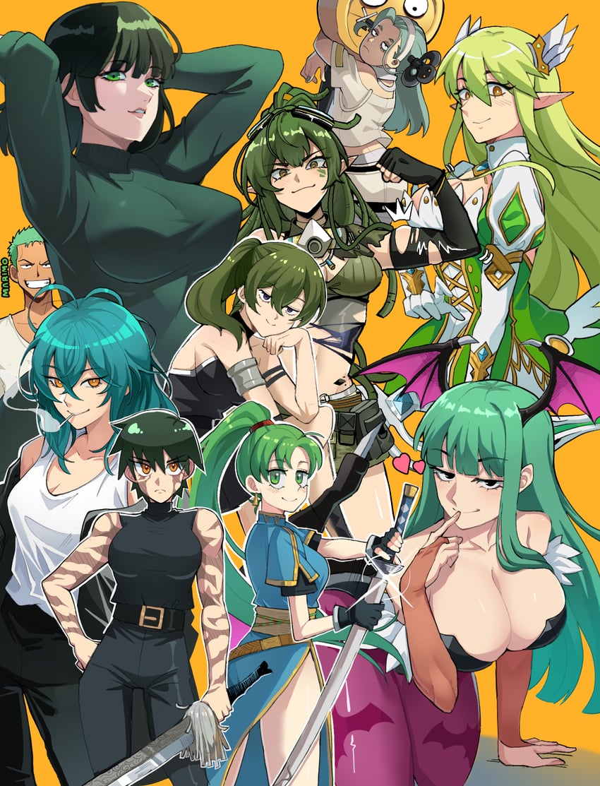 morrigan aensland, roronoa zoro, lyn, fubuki, ubel, and 7 more (arknights and 11 more) drawn by skinipik