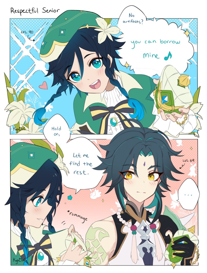 venti and xiao (genshin impact) drawn by kyaoni