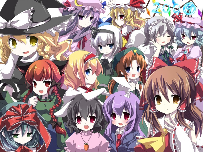hakurei reimu, kirisame marisa, remilia scarlet, flandre scarlet, izayoi sakuya, and 9 more (touhou) drawn by chiruku