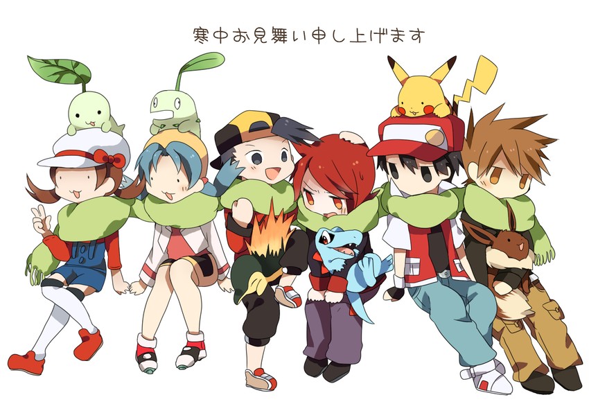 pikachu, red, eevee, ethan, blue oak, and 6 more (pokemon and 3 more) drawn by henachoko