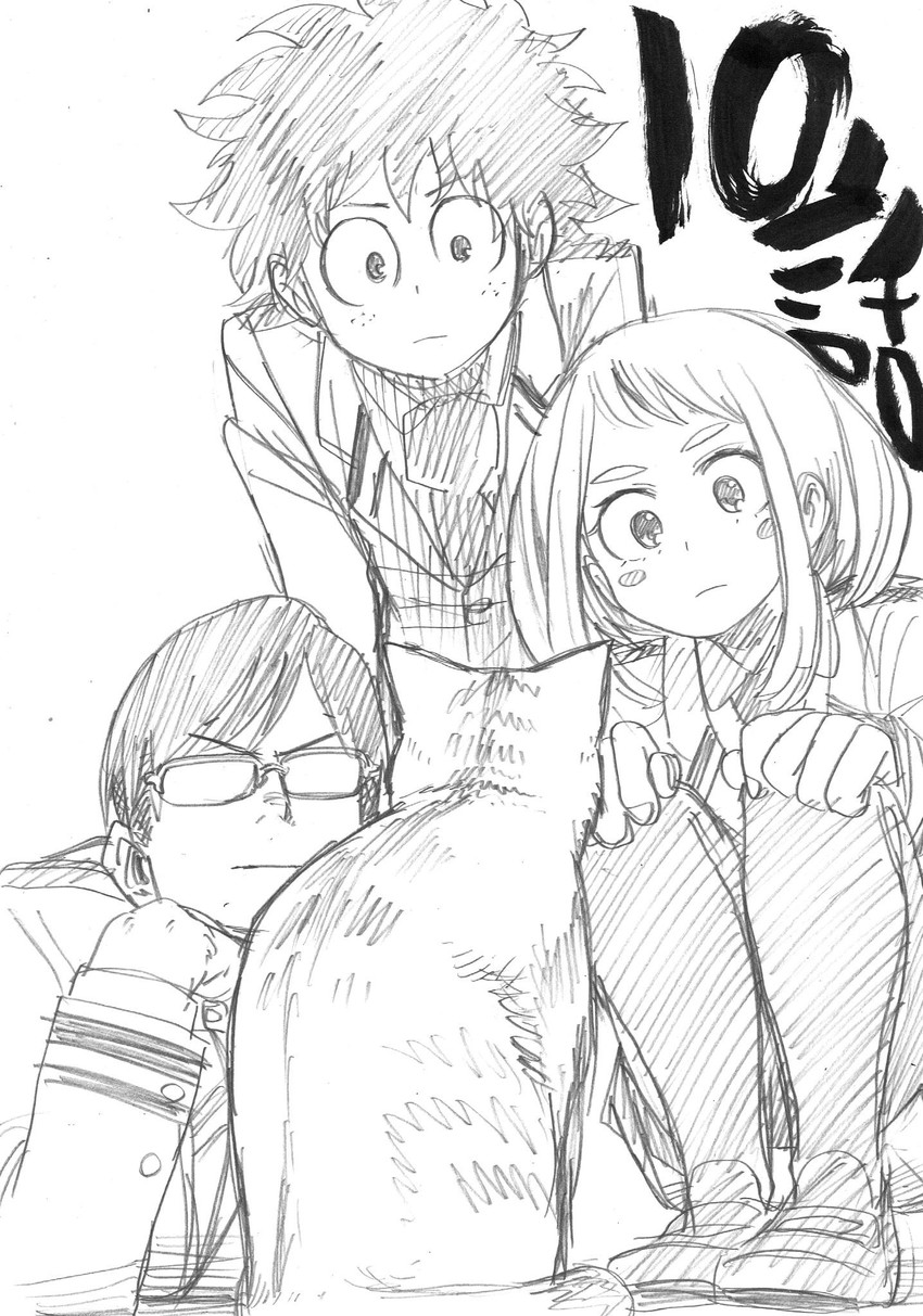 midoriya izuku, uraraka ochaco, and iida tenya (boku no hero academia) drawn by horikoshi_kouhei