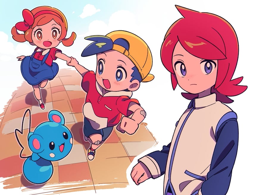 ethan, lyra, silver, and azurill (pokemon and 1 more) drawn by chueog