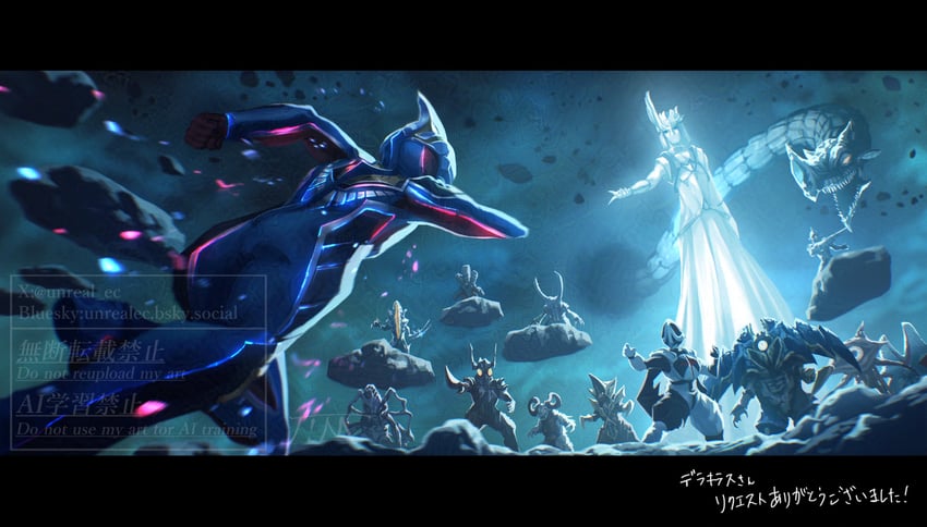 ultraman gaia, c.o.v., blitz-blotz, apatee, zogu, and 10 more (ultra series and 1 more) drawn by unreal_es