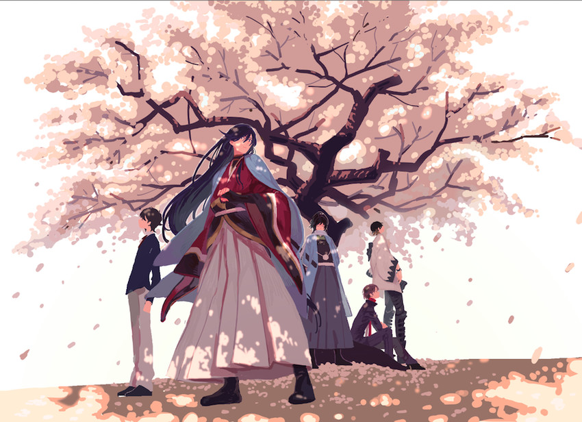 kashuu kiyomitsu, yamato-no-kami yasusada, izumi-no-kami kanesada, horikawa kunihiro, and nagasone kotetsu (touken ranbu) drawn by gyuunyuu_(mashika)