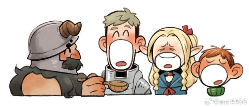marcille donato, laios touden, senshi, and chilchuck tims (dungeon meshi) drawn by asd4486