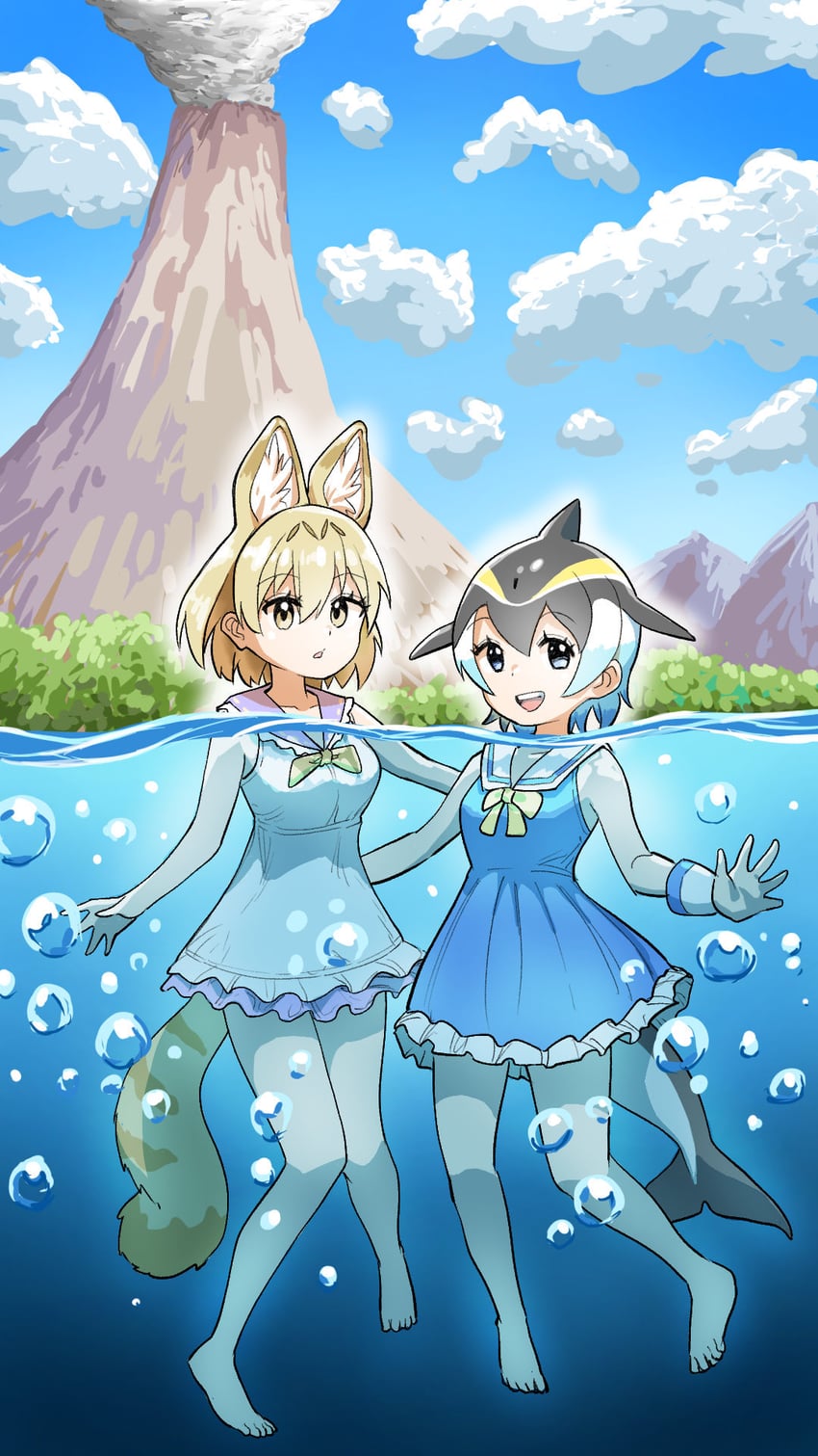 common dolphin and white serval (kemono friends) drawn by earthisfire