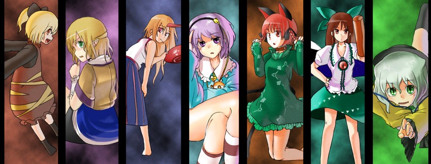 komeiji koishi, komeiji satori, kaenbyou rin, reiuji utsuho, mizuhashi parsee, and 2 more (touhou) drawn by organ_derwald