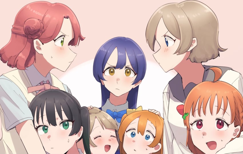 sonoda umi, watanabe you, minami kotori, kosaka honoka, takami chika, and 2 more (love live! and 3 more) drawn by toriyarou