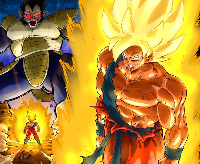 son goku, vegeta, and oozaru (dragon ball and 2 more) drawn by rz28kp