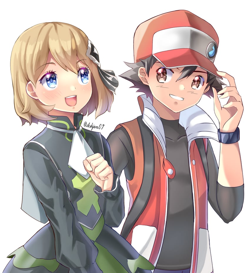 ash ketchum, red, and serena (pokemon and 2 more) drawn by ashujou