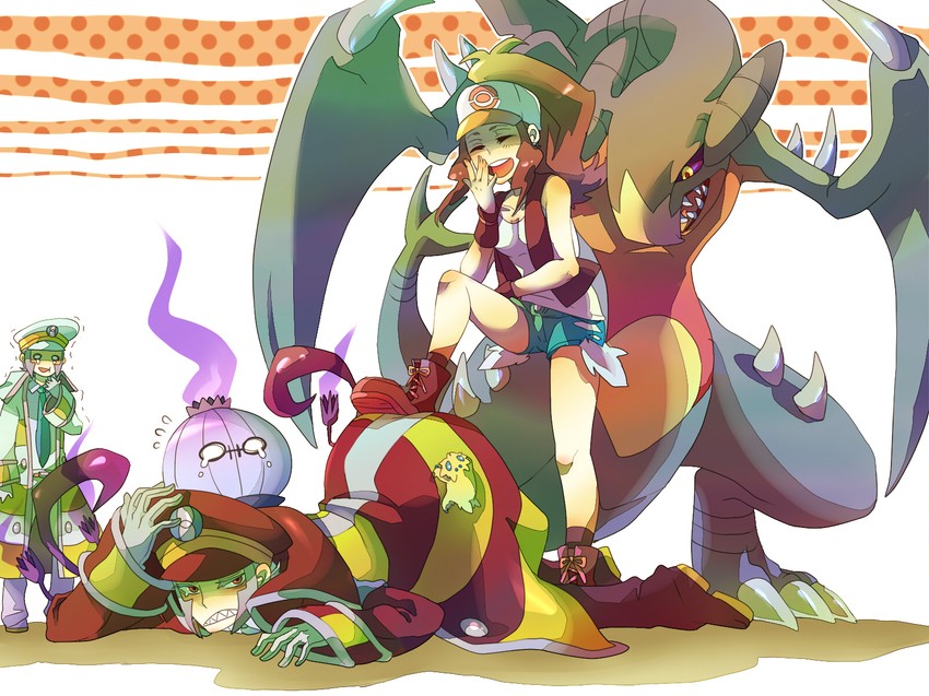 hilda, garchomp, ingo, chandelure, emmet, and 1 more (pokemon and 1 more) drawn by saburou_(carocu)