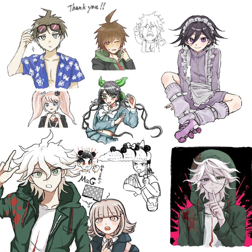 nanami chiaki, oma kokichi, komaeda nagito, hinata hajime, enoshima junko, and 4 more (danganronpa and 3 more) drawn by wawawa_9101