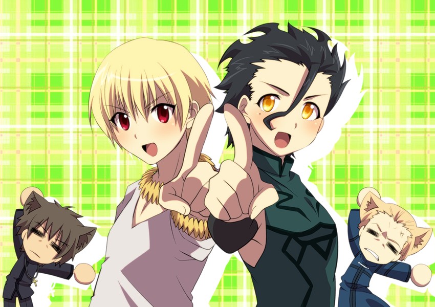 kotomine kirei, diarmuid ua duibhne, kayneth el-melloi archibald, and gilgamesh (fate and 2 more) drawn by meganewww