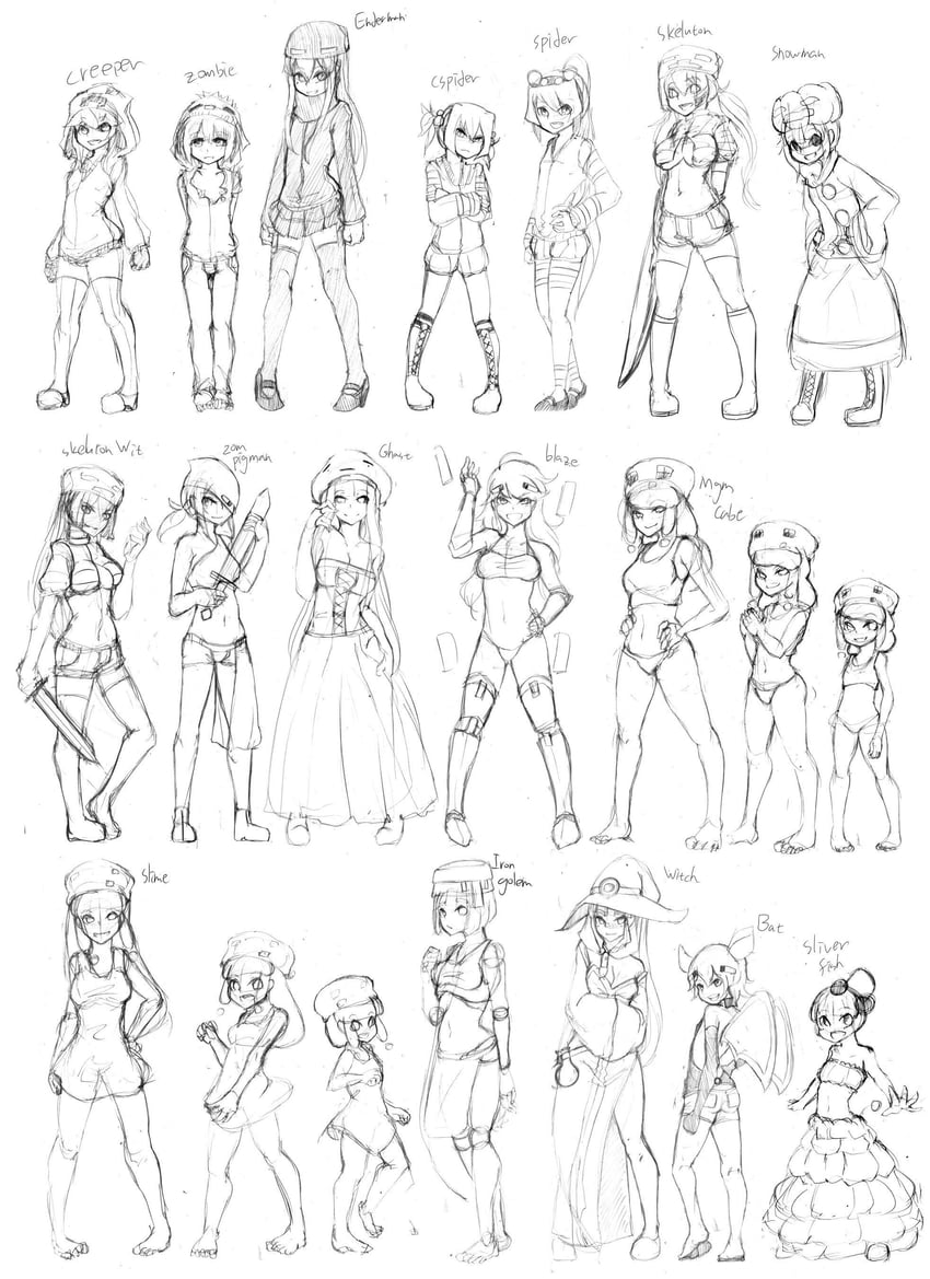 creeper, enderman, zombie, cupa, ghast, and 15 more (minecraft and 1 more) drawn by at2.