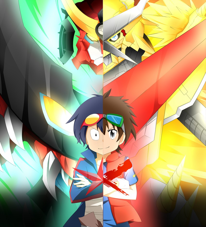 simon, tengen toppa gurren-lagann, kudou taiki, and shoutmon x7 superior mode (digimon and 2 more) drawn by ryuuto_(firuma)