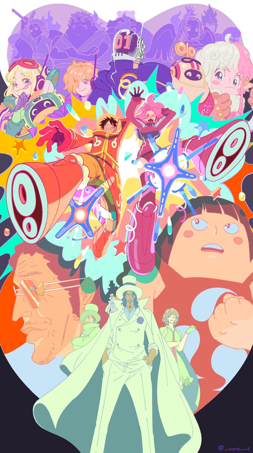 monkey d. luffy, jewelry bonney, rob lucci, s-snake, vegapunk lilith, and 13 more (one piece) drawn by nok_(nok_1)