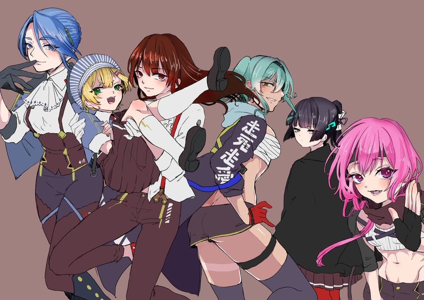 natsume inori, yanagi mion, hanamura shiki, maruyama kanata, matsuoka chiroru, and 1 more (heaven burns red) drawn by leia_1213