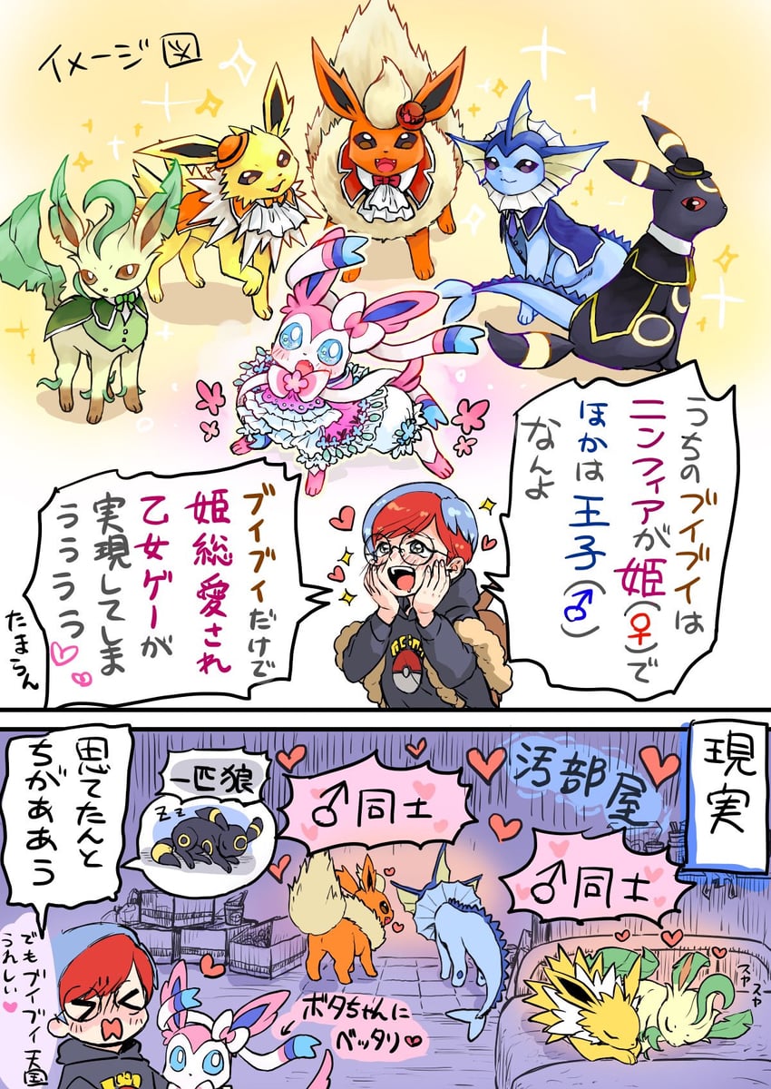 sylveon, umbreon, vaporeon, leafeon, flareon, and 2 more (pokemon and 1 more) drawn by harinezumi103