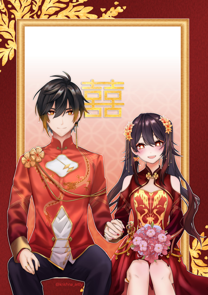 hu tao and zhongli (genshin impact) drawn by krishna_artly