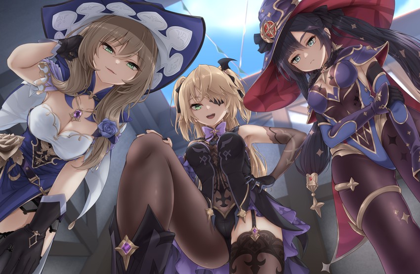 mona, fischl, and lisa (genshin impact) drawn by nokia_(nm)
