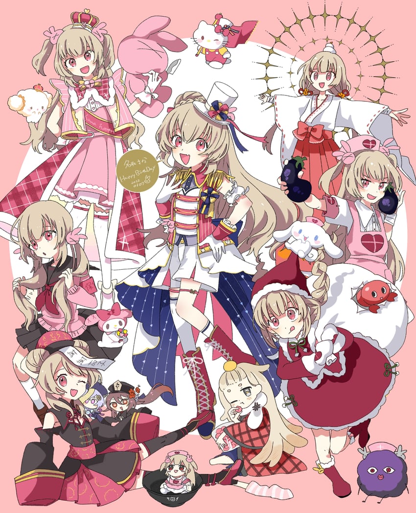 hu tao, qiqi, natori sana, cinnamoroll, hello kitty, and 4 more (genshin impact and 5 more) drawn by shiyoko_(syokorate)