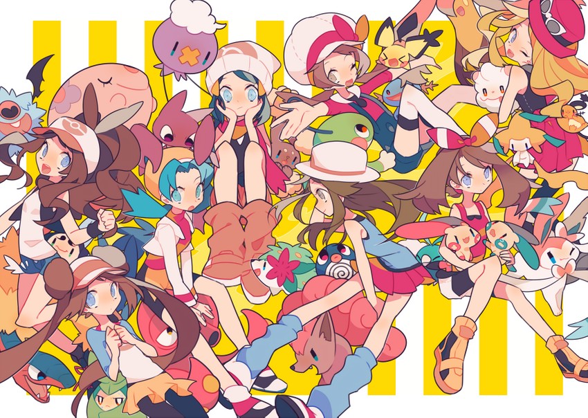dawn, may, rosa, hilda, serena, and 26 more (pokemon and 8 more) drawn by auko
