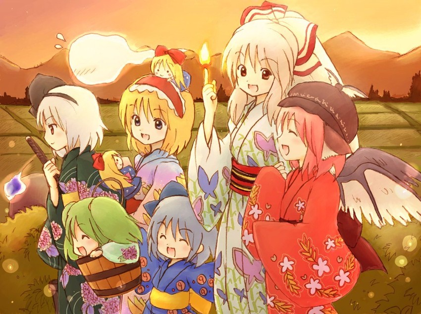 konpaku youmu, alice margatroid, cirno, fujiwara no mokou, mystia lorelei, and 2 more (touhou) drawn by eijima_moko