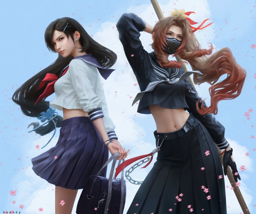 tifa lockhart and aerith gainsborough (final fantasy and 2 more) drawn by honeybunny-art
