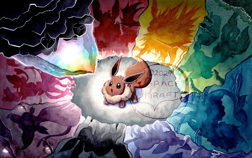 eevee, sylveon, umbreon, glaceon, vaporeon, and 4 more (pokemon) drawn by grace_kraft