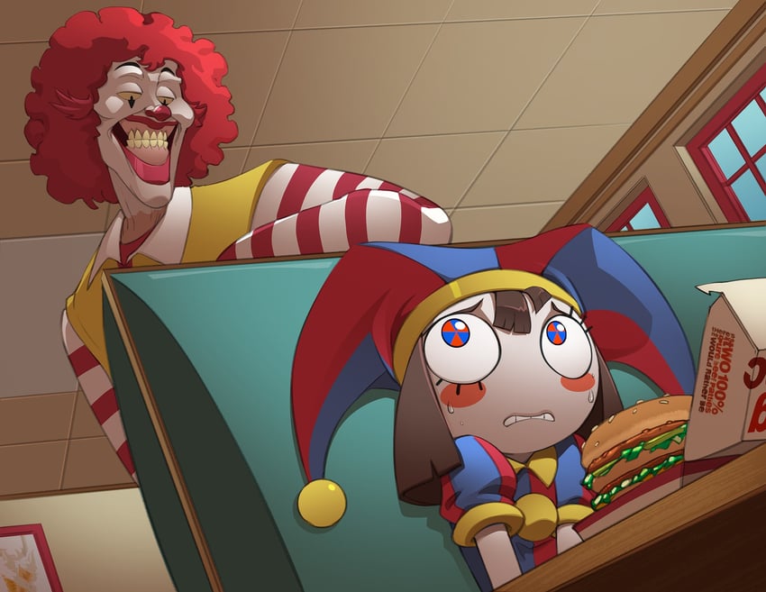 pomni and ronald mcdonald (mcdonald's and 1 more) drawn by bleedman
