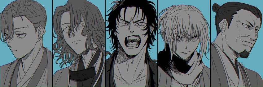 okita souji, saitou hajime, hijikata toshizou, yamanami keisuke, and serizawa kamo (fate and 1 more) drawn by noz_2to