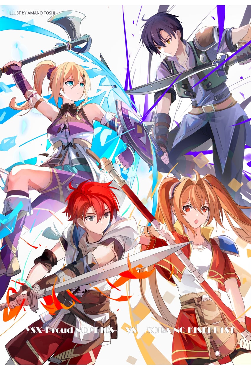 estelle bright, adol christin, joshua bright, and karja balta (eiyuu densetsu and 3 more) drawn by amano_toshi