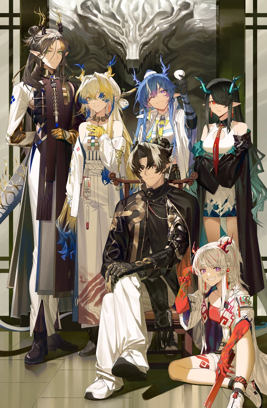 shu, dusk, nian, ling, chongyue, and 1 more (arknights) drawn by 9_vcat