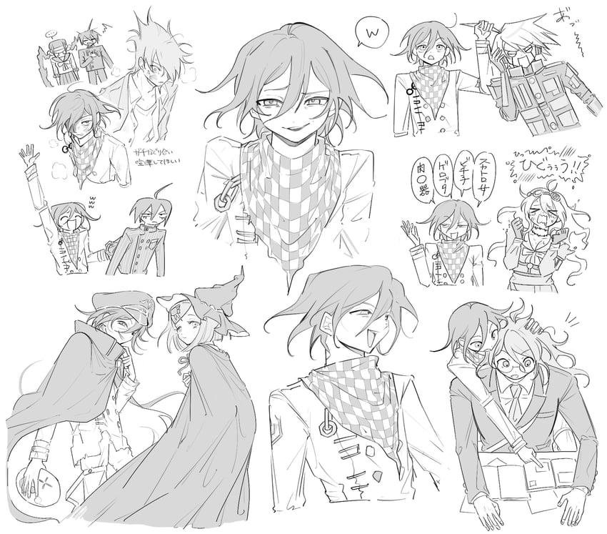 oma kokichi, saihara shuichi, harukawa maki, momota kaito, iruma miu, and 3 more (danganronpa and 1 more) drawn by morning_(d0nteat)