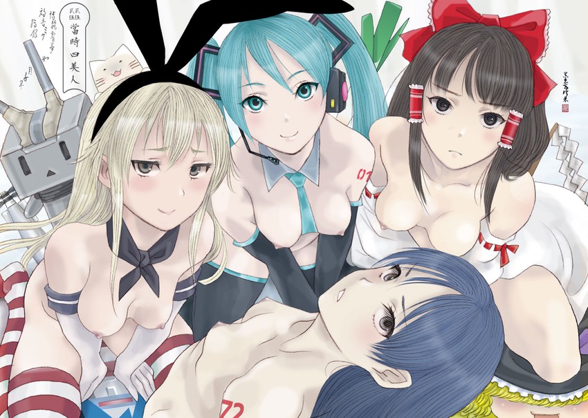 hatsune miku, hakurei reimu, shimakaze, rensouhou-chan, and kisaragi chihaya (touhou and 3 more) drawn by cloritin