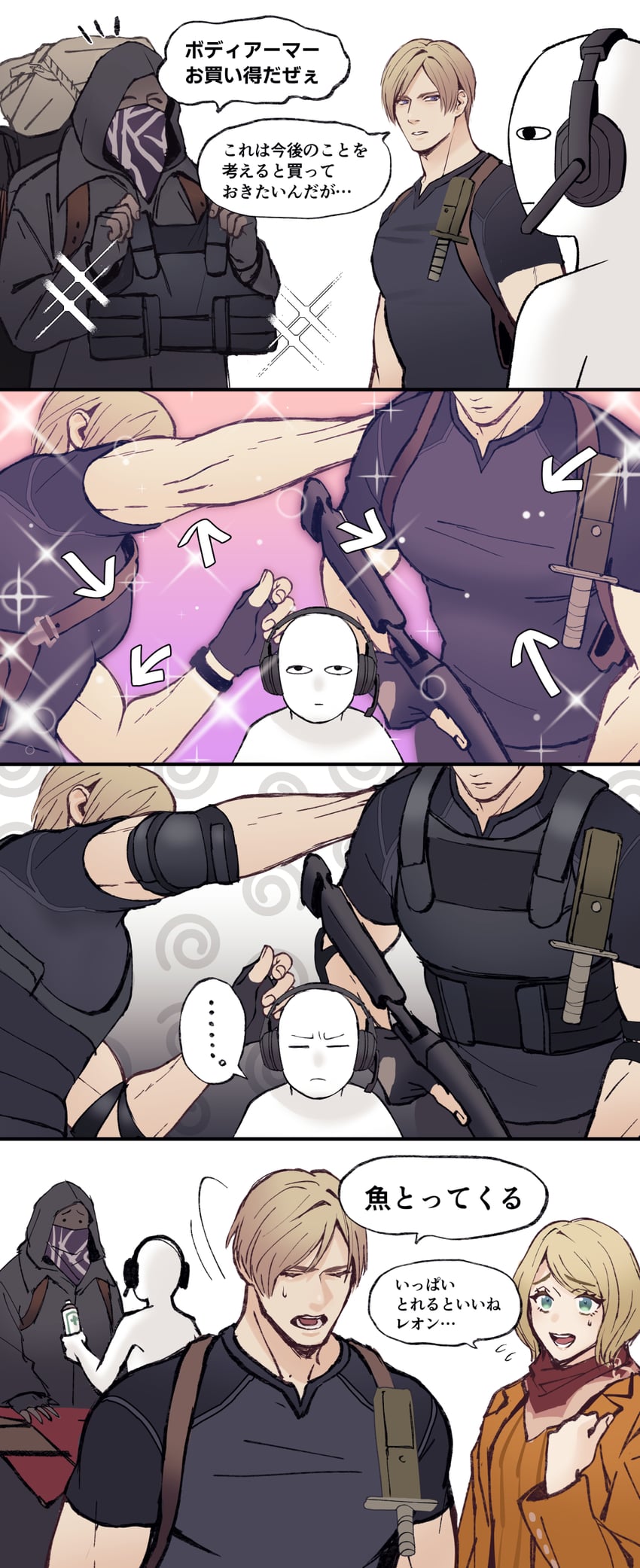 leon s. kennedy, ashley graham, and merchant (resident evil and 1 more) drawn by yukichikichi