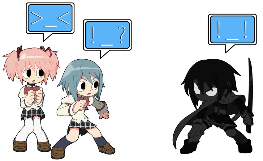 kaname madoka, miki sayaka, and nega scott (mahou shoujo madoka magica and 2 more) drawn by nnnss