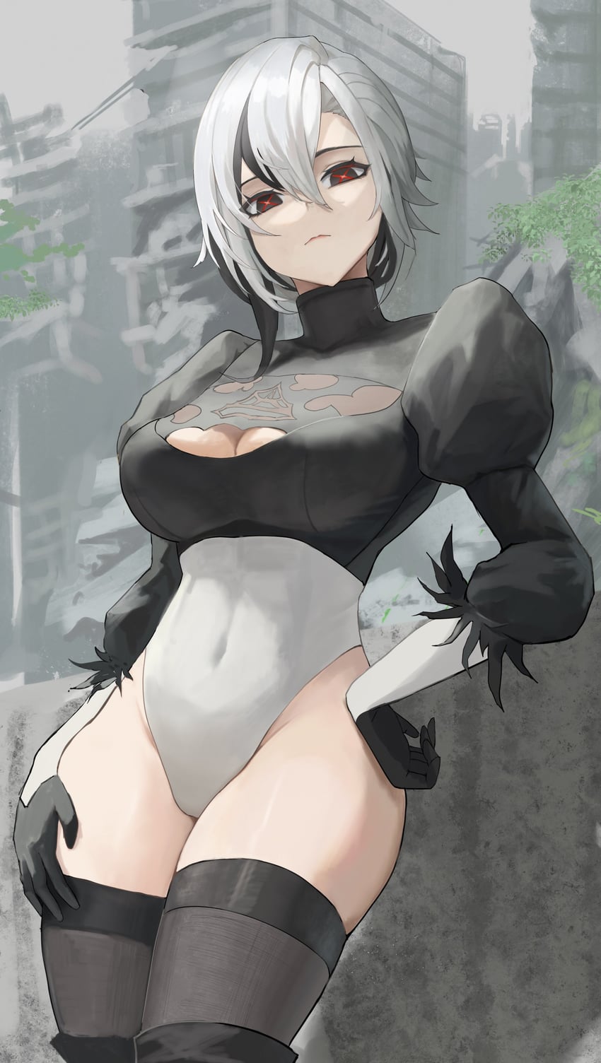 2b and arlecchino (genshin impact and 2 more) drawn by haruhachiya