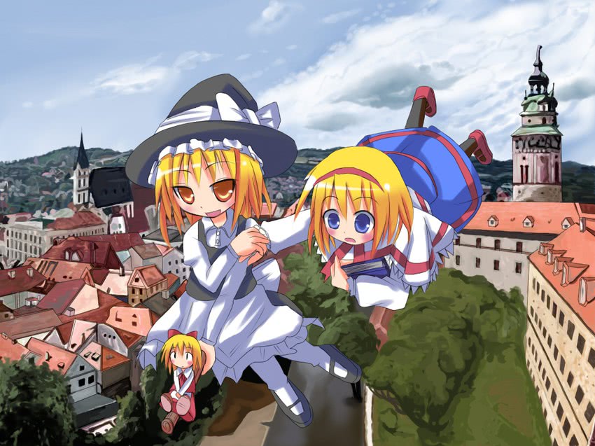 kirisame marisa, alice margatroid, and shanghai doll (touhou) drawn by funata