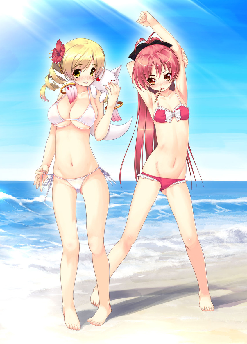 sakura kyoko, tomoe mami, and kyubey (mahou shoujo madoka magica) drawn by moric