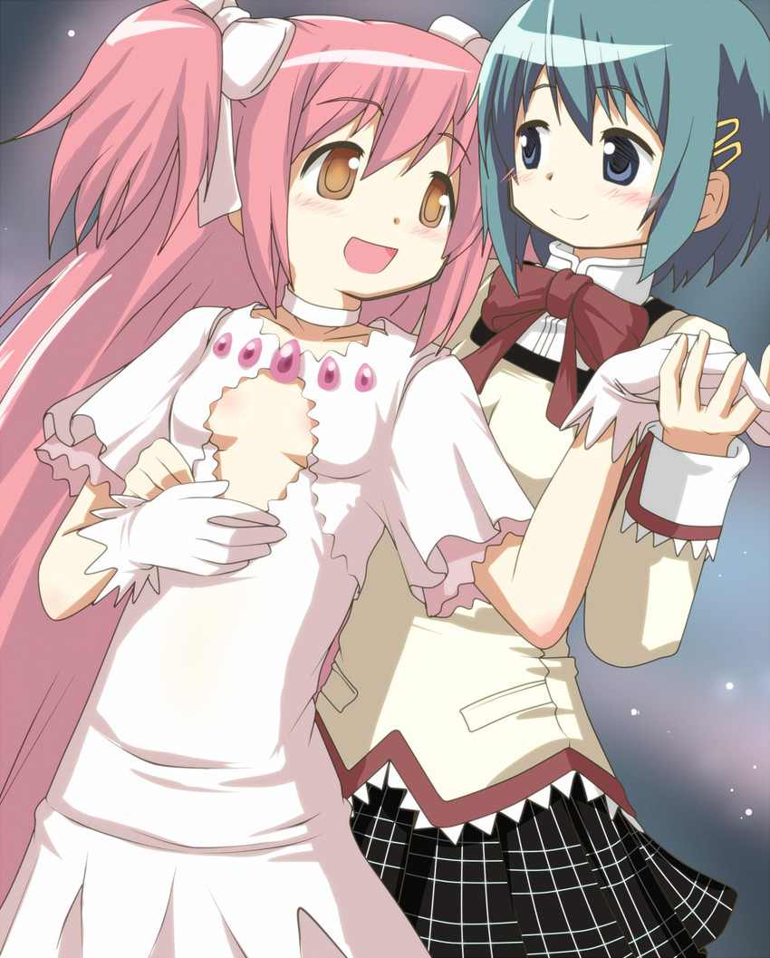kaname madoka, miki sayaka, and ultimate madoka (mahou shoujo madoka magica) drawn by hangaku