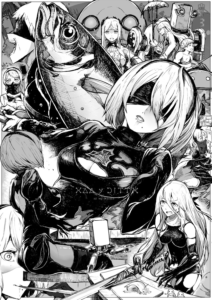 2b, 9s, pod, a2, emil, and 8 more (nier and 1 more) drawn by syatey