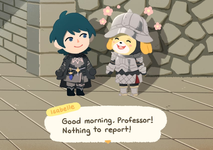 male byleth, isabelle, and gatekeeper (fire emblem and 2 more) drawn by smolbirbgjo