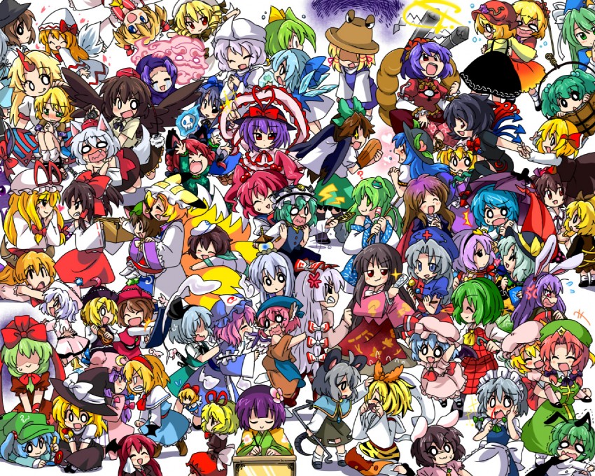 hakurei reimu, kirisame marisa, remilia scarlet, flandre scarlet, izayoi sakuya, and 69 more (touhou and 1 more) drawn by eromame