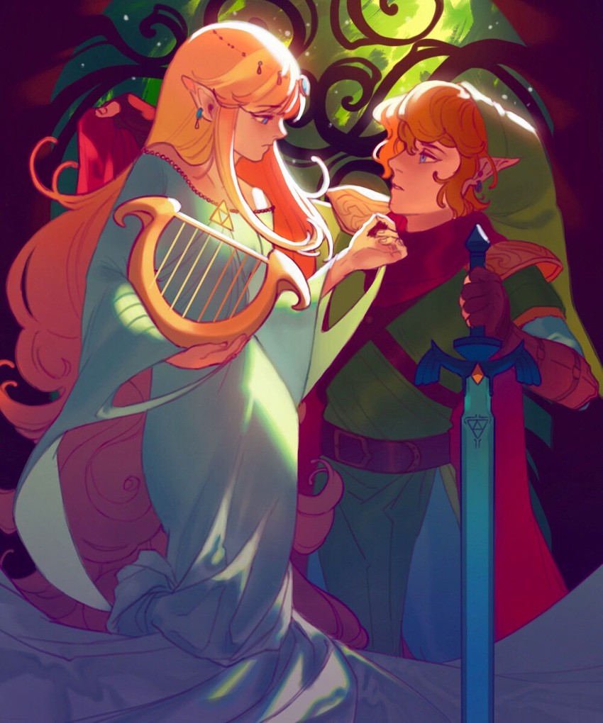 link and princess zelda (the legend of zelda and 1 more) drawn by hollyfig