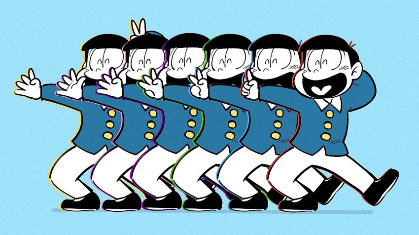 matsuno osomatsu, matsuno karamatsu, matsuno ichimatsu, matsuno jyushimatsu, matsuno choromatsu, and 1 more (osomatsu and 1 more) drawn by m0da