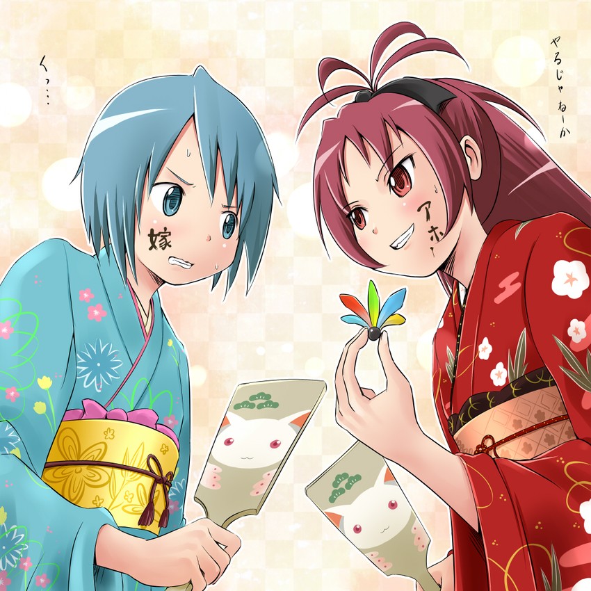 miki sayaka, sakura kyoko, and kyubey (mahou shoujo madoka magica) drawn by shuuji_(shumi)