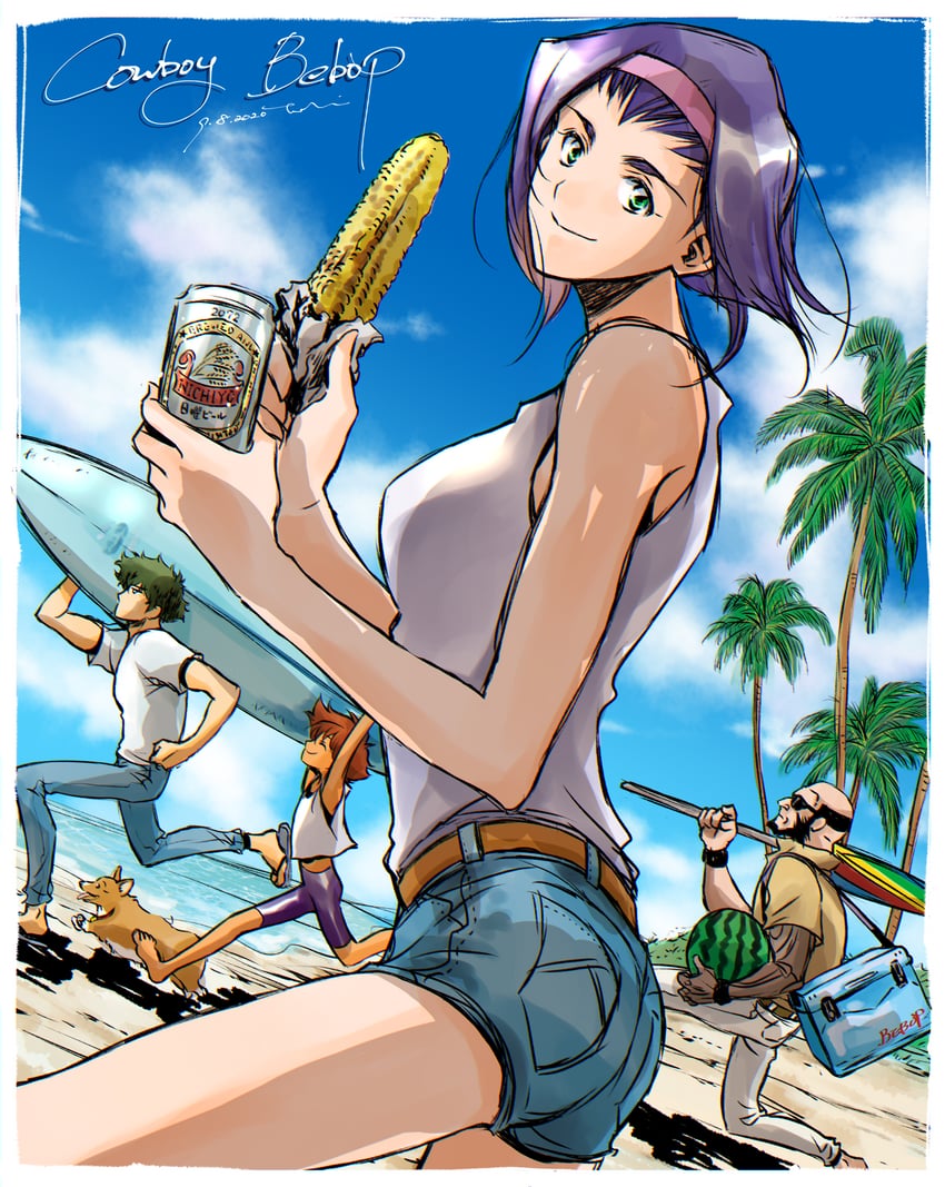 faye valentine, spike spiegel, edward wong hau pepelu tivrusky iv, ein, and jet black (cowboy bebop) drawn by tobalin